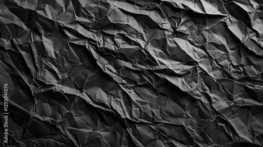 Poster a strikingly detailed view of crumpled black paper revealing intricate textures and patterns. this a