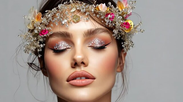 A woman with a flower headpiece and makeup