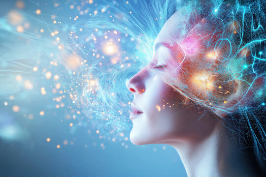 A surreal digital illustration depicting hormonal activity in a woman's body, symbolizing neurotransmitters, emotions, and brain function through glowing energy and neural connections.  .