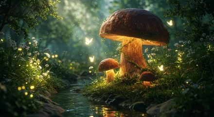 Gardinen Zauberwald Enchanted Forest Glowing Mushrooms Butterflies Stream  © Stock ren