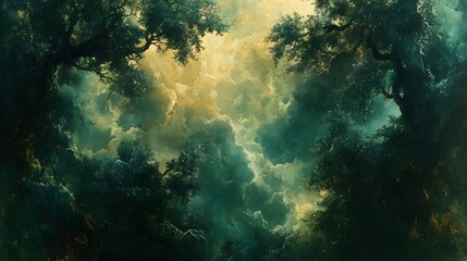 Obraz premium Light filters through misty trees in a tranquil forest at dawn with vivid colors and rich textures