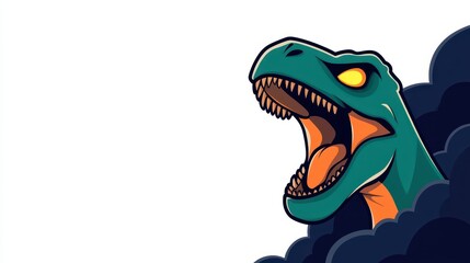 Fototapeta premium A vibrant dinosaur with bright green scales and a fierce expression bursts from dark clouds in a lively illustration