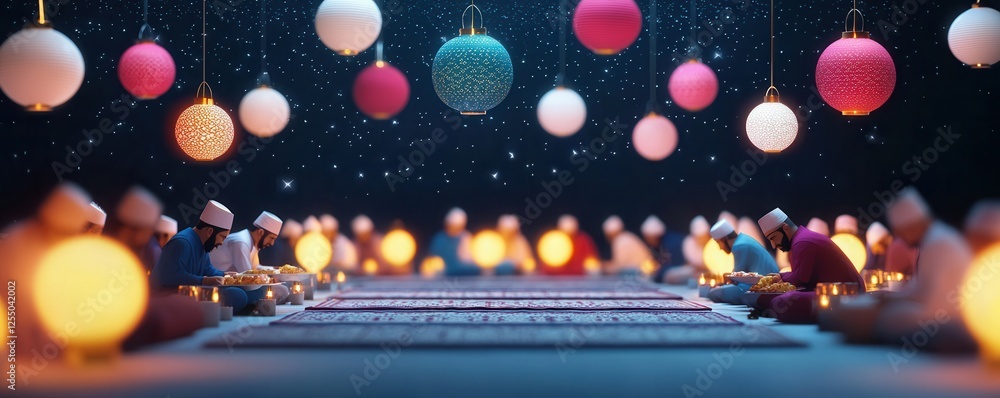 Poster a festive gathering featuring colorful lanterns and decorations, with blurred figures seated at a lo