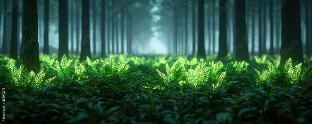 Poster glow forest concept. a tranquil forest scene with lush green ferns under towering trees and soft dif