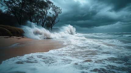 A beach with crashing waves and strong winds as a cyclone approaches, with trees swaying and the sky darkening.