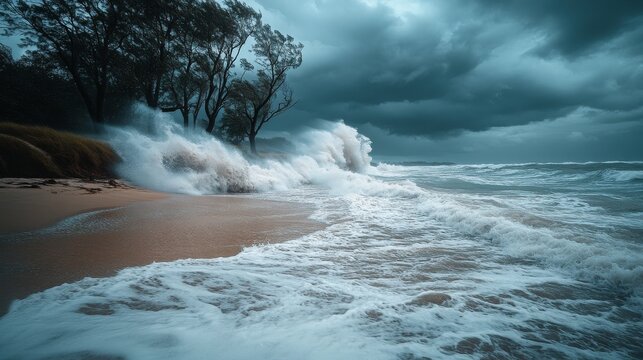 A beach with crashing waves and strong winds as a cyclone approaches, with trees swaying and the sky darkening.