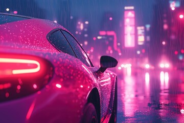 Pink sports car parked on rainy night in cyberpunk city
