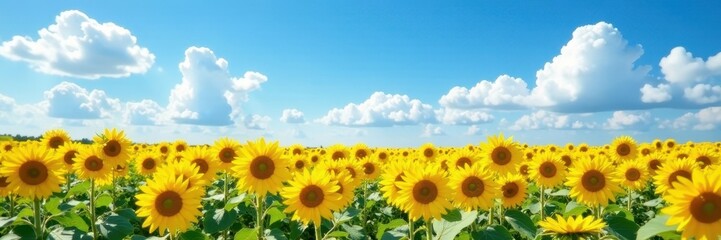 Obraz premium Vast sunflower field, vibrant yellow blooms under a brilliant blue sky dotted with fluffy white clouds , botany, beauty