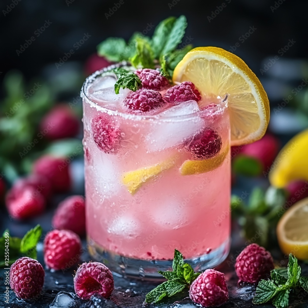 Poster refreshing raspberry lemonade cocktail with ice and mint sprigs on a dark moody background