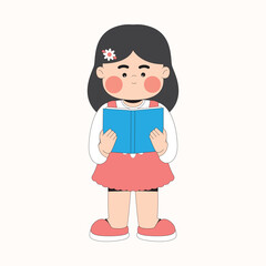 Cute Girl Reading Book Cartoon Character Illustration