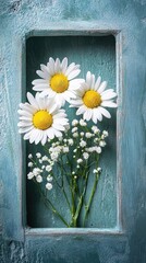 Daisies and Baby Breath on Rustic Blue Background a Charming Floral Arrangement Still Life