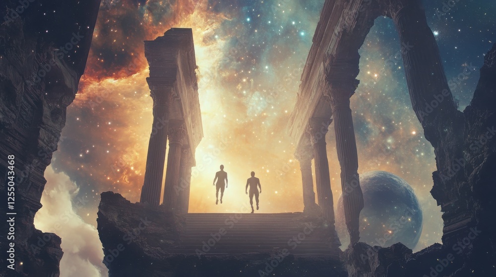 Poster floating explorers in zero-gravity traversing an ancient cosmic ruin illuminated by radiant celestia