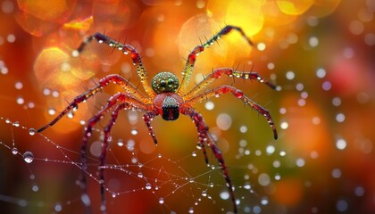 Colorful spider rests on its intricate web, glistening with dew in the soft glow of morning light.