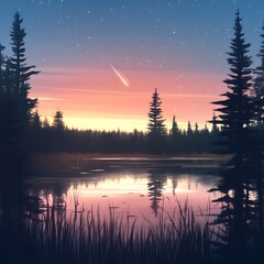 Fototapeta premium Quiet Lake at Twilight with Silhouette Trees and a Shooting Star in the Night Sky Landscape Painting