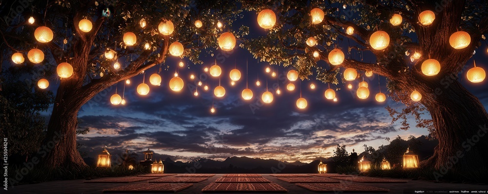 Poster a serene night scene featuring two trees adorned with glowing lanterns, illuminating a picturesque l