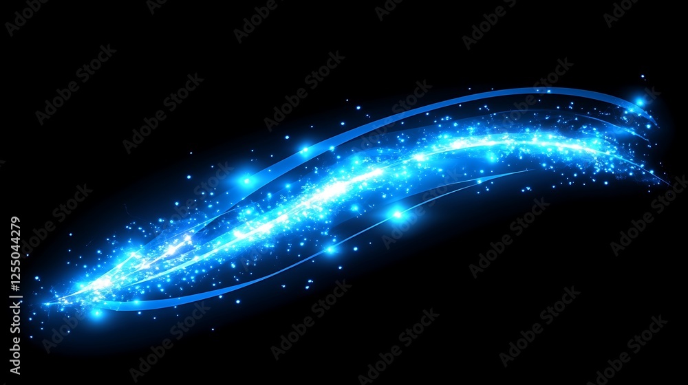 Poster radiant blue energy wave with sparkling particle stream emanating against dark background design art
