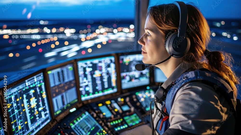 Poster woman pilot in control tower operating advanced technology during nighttime flight operations with c