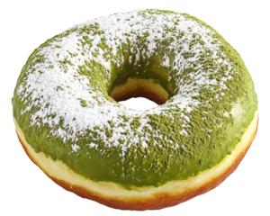 matcha green tea doughnut with dusting of powdered sugar, showcasing vibrant green color and soft, fluffy texture. Perfect for tea lovers