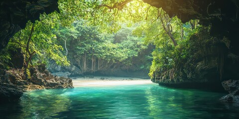 A lush jungle opening to a hidden cove with a pristine beach and emerald waters.