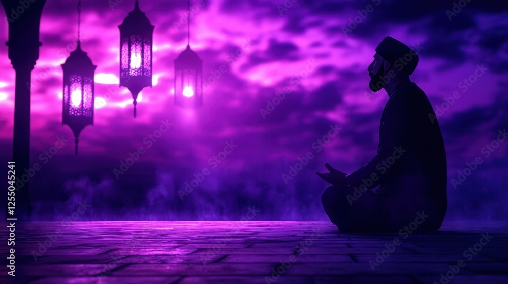 Poster a person sits in meditation under purple skies illuminated by glowing lanterns, creating a serene an