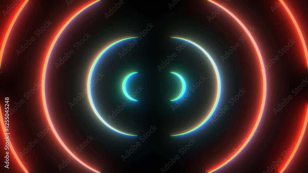 Poster waves with chromatic aberrations move on a black background to both sides of the screen.