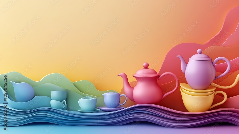 Aufkleber colorful tea set on abstract background. possible use stock photo for design inspiration or product 