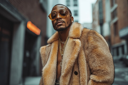 Stylish rapper wearing fur coat and gold chains in city street