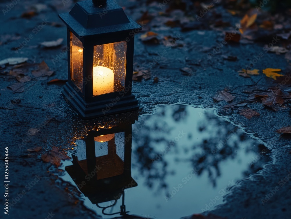 Poster mirror reflection in a puddle under the light of a lantern