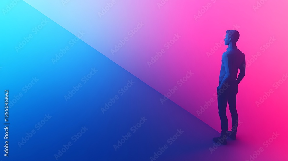 Poster Person contemplating in vibrant gradient background.  Possible use stock photo for inspirational or futuristic concepts
