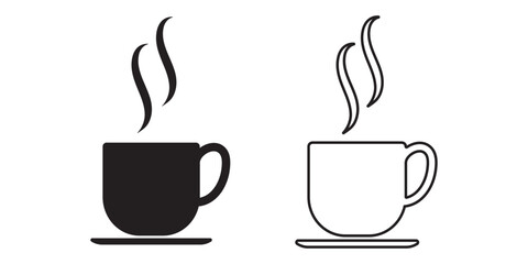 Two variants of coffee cup vector icons vector illustrations on transparent background. Coffee cup line icon with changeable stroke. Take a break icon vector illustration. Hot drink icon. 