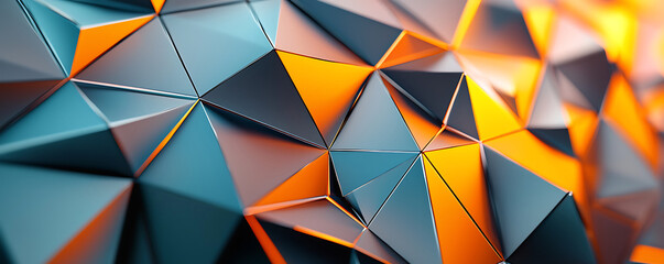 Fototapeta premium A modern abstract digital rendering of a faceted low-poly surface with sharp geometric shapes in blue and orange hues creating a futuristic and dynamic visual effect.