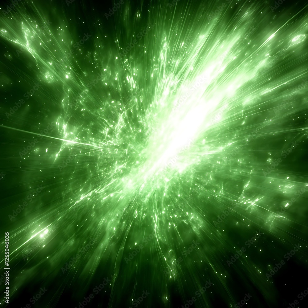 Poster radiant green energy burst exploding in space as abstract background concept illustration