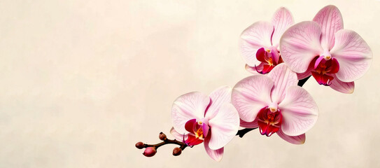 Delicate pink phalaenopsis orchid flower, on light beige background. There is space for your text on the left
