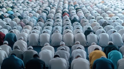 Naklejka premium A large group of individuals in white attire is seen bowing in prayer, creating a striking visual of unity and devotion in a worship setting.