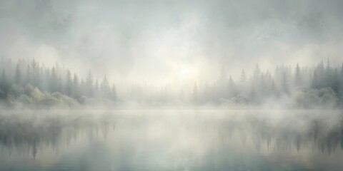 Fototapeta premium Serene Misty Lake Enveloped by a Tranquil Pine Forest Reflecting the Calm Waters