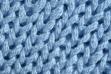 blue texture of crocheted, Macro texture of cotton light blue crocheted sweater as background, close-up of pastel blue crocheted front, blue crocheted back, texture of wool wool, blue crocheted front

