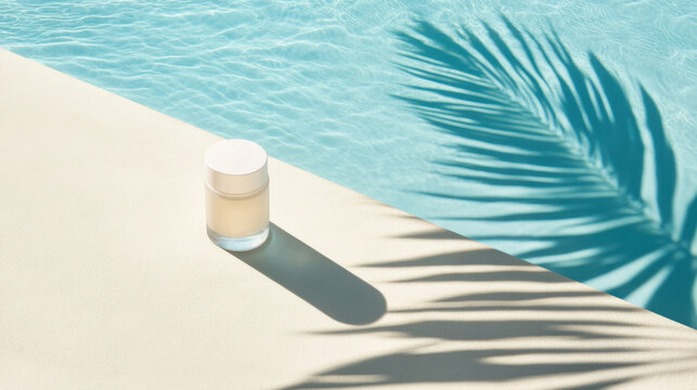 Minimalist sunscreen bottle casting shadow pool