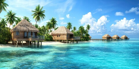 Obraz premium A luxury villa on a private island with overwater bungalows and turquoise lagoons.