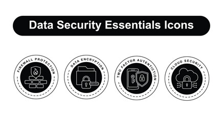 Obraz premium Data Security Essentials Icons: Firewall Protection, Data Encryption, Two-Factor Authentication, Cloud Security