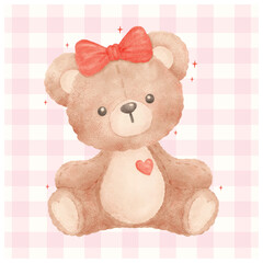 Adorable Valentine Coquette Teddy Bear with red bow in Watercolor Hand Painted