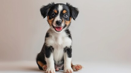 Fototapeta premium Adorable Welsh puppy, tongue out panting, winking playfully, sitting on a white backdrop