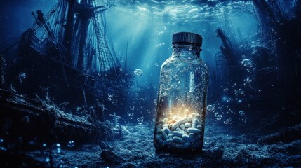 A prescription bottle drifts past a sunken shipwreck, surrounded by tiny, glowing pills and rising bubbles.
