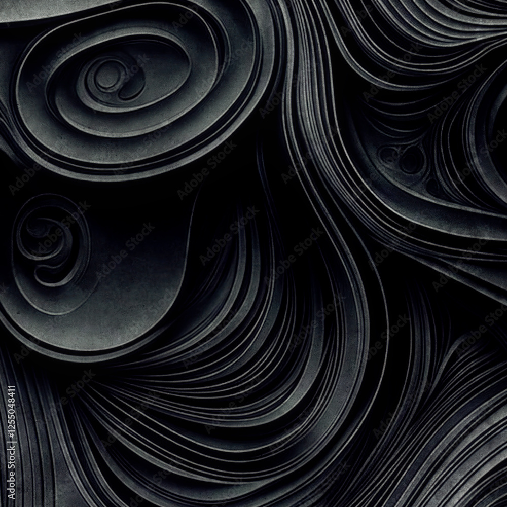 Poster Abstraction in dark undulating shapes in gray-black, with a minimalist emphasis on texture and form