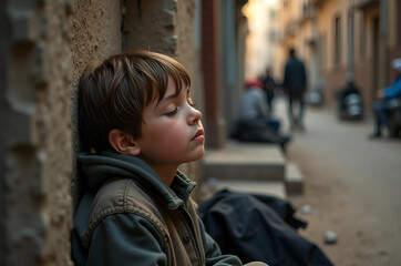 Emotional Portrait of a Homeless Child Resting Peacefully Amidst Urban Hardship and Adversity