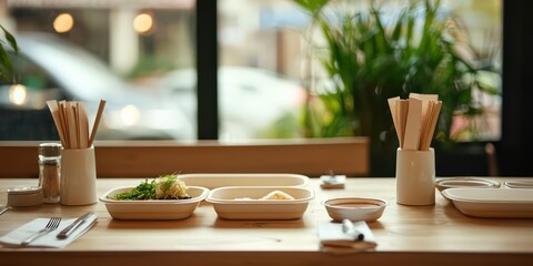 A quick and easy takeout meal set up neatly on a table.