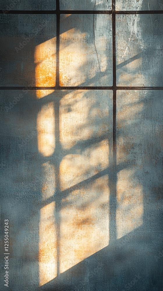 Poster sunlight streaming through window casting geometric shadow on aged textured wall surface