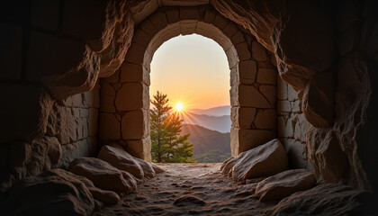 Open rock-hewn tomb with warm sunrise and serene mountain view in nature
