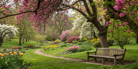 A lush park filled with colorful flowers and trees, with a wooden bench under a canopy of blossoms