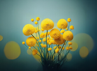 Bright yellow pompom flowers beautifully stand out against a soft blue background with dreamy bokeh lights.