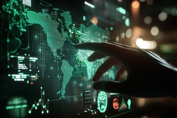 Close up of a hand engaging with a futuristic financial screen showcasing market trends and data